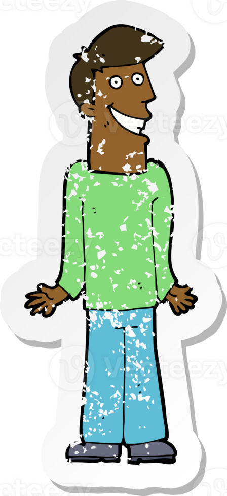 retro distressed sticker of a cartoon man shrugging shoulders png