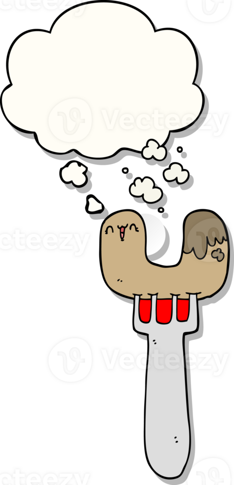 cartoon sausage on fork with thought bubble as a printed sticker png