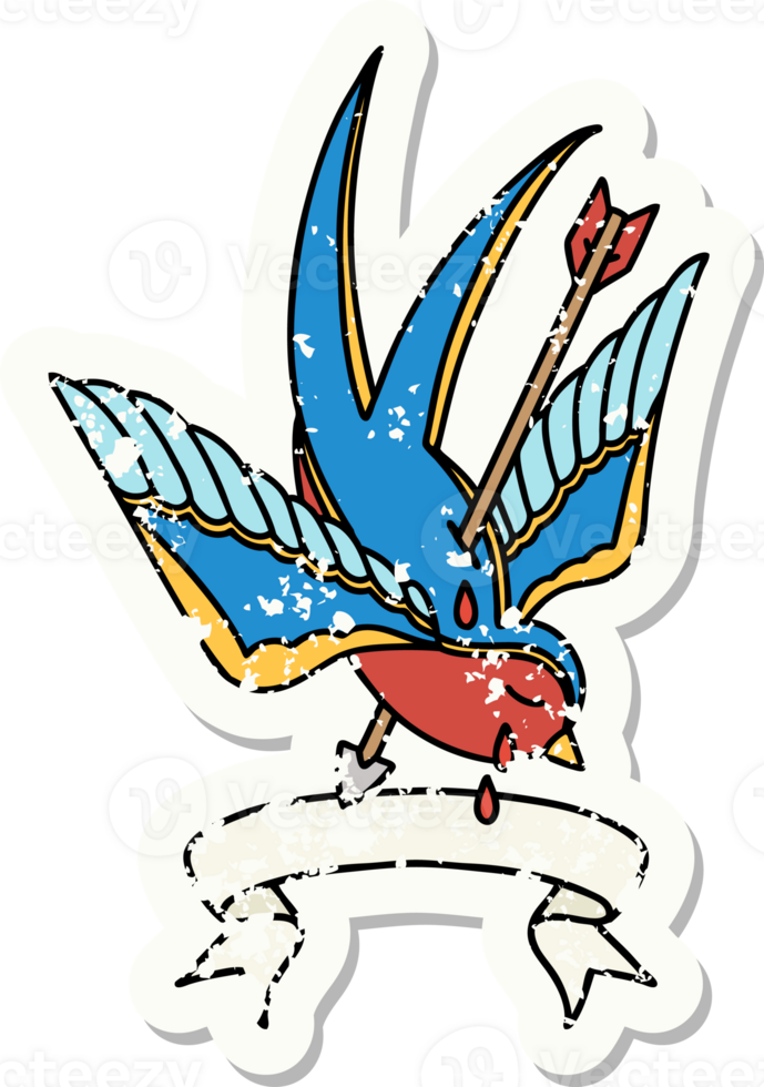 worn old sticker with banner of a swallow pierced by arrow png