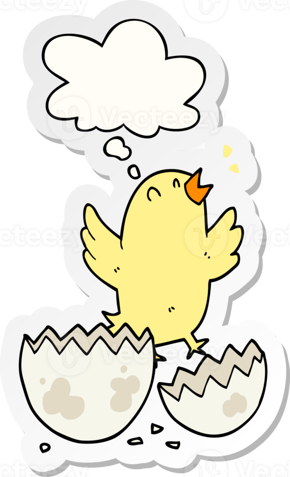 cartoon bird hatching from egg with thought bubble as a printed sticker png