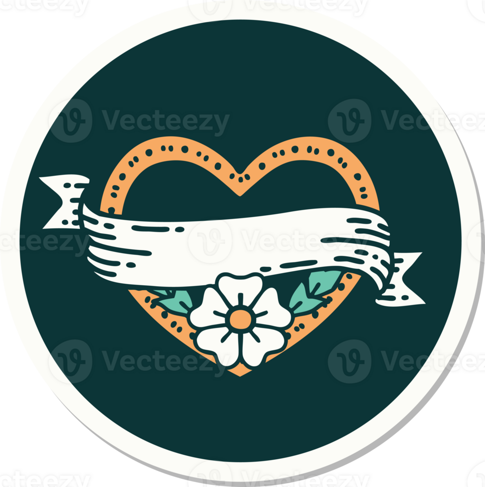 sticker of tattoo in traditional style of a heart and banner with flowers png