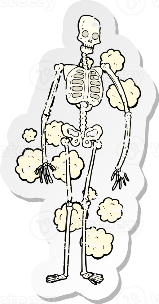retro distressed sticker of a cartoon dusty old skeleton png