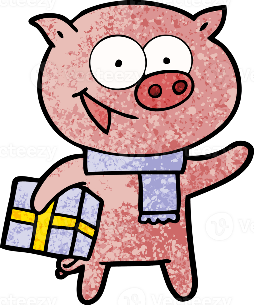 cheerful pig with christmas gift png