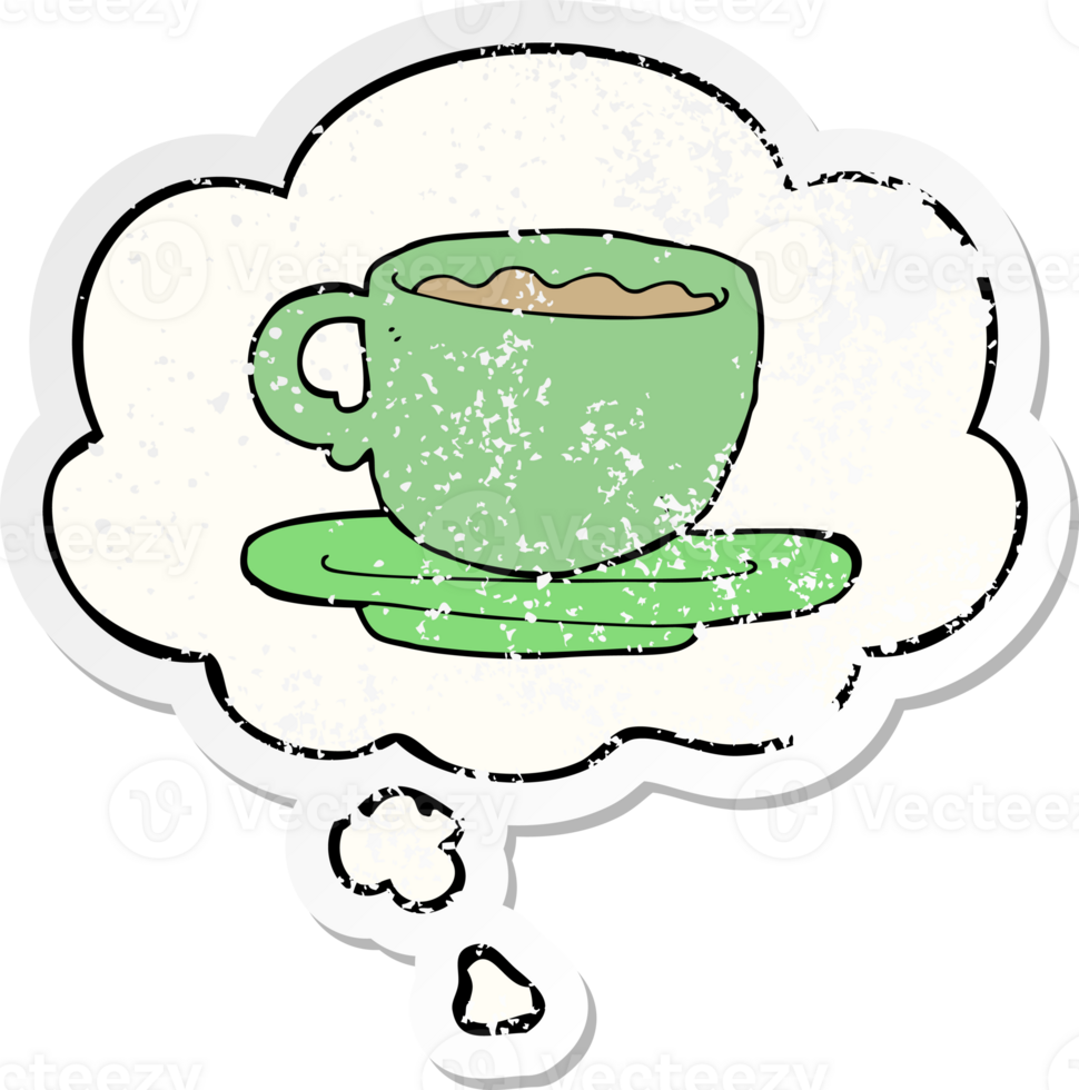cartoon cup of tea with thought bubble as a distressed worn sticker png