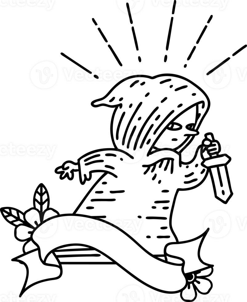 scroll banner with black line work tattoo style assassin with knife png
