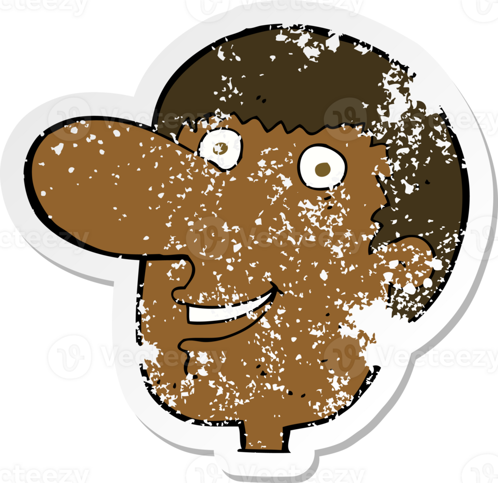 retro distressed sticker of a cartoon happy male face png