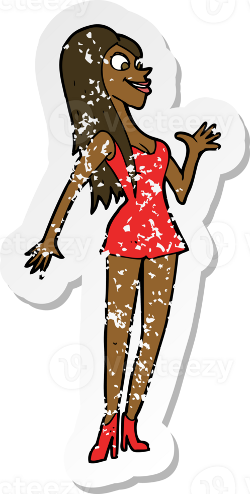 retro distressed sticker of a cartoon woman in pink dress png