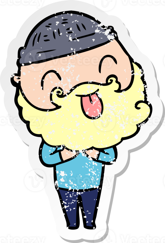 distressed sticker of a man with beard sticking out tongue png