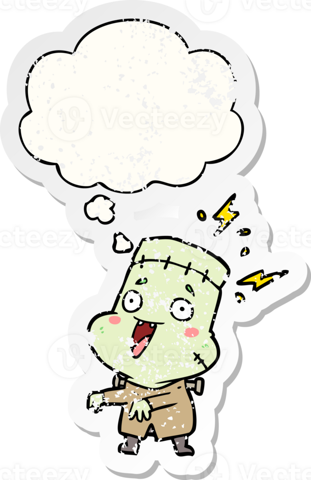 cartoon undead monster man with thought bubble as a distressed worn sticker png