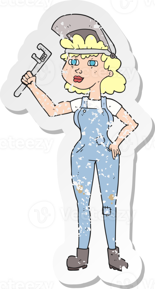 retro distressed sticker of a cartoon capable woman with wrench png
