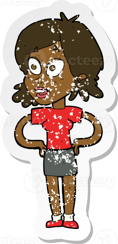 retro distressed sticker of a cartoon woman with hands on hips png