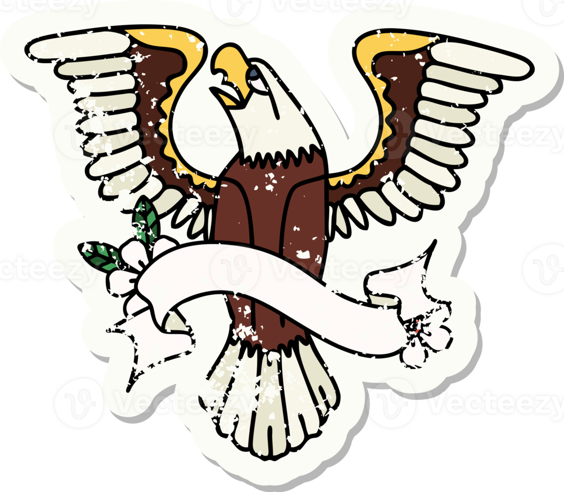 worn old sticker with banner of an american eagle png