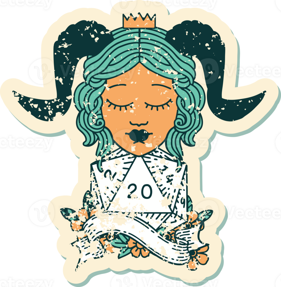 Retro Tattoo Style tiefling with natural twenty dice roll png