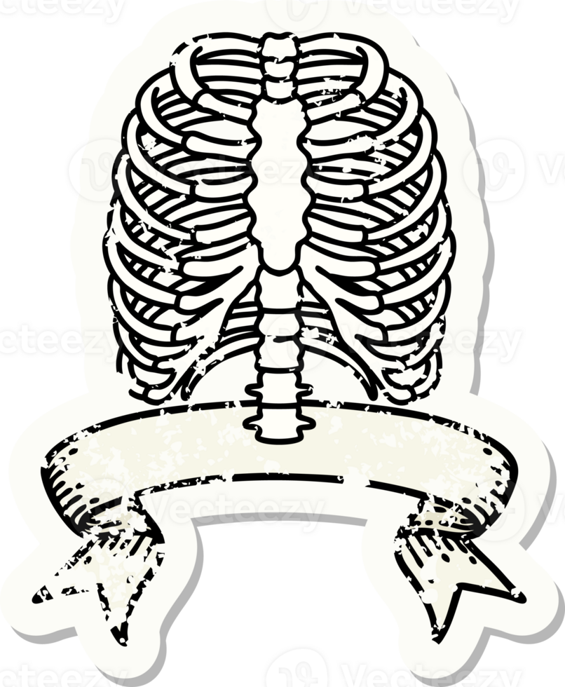 worn old sticker with banner of a rib cage png