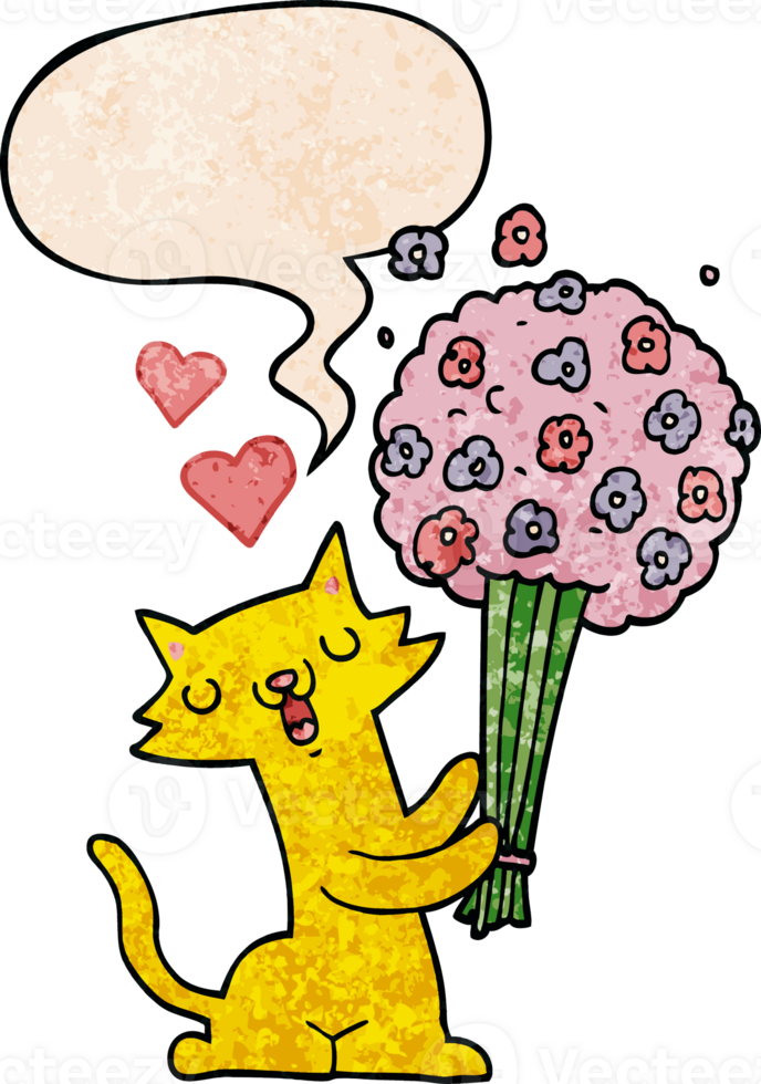 cartoon cat in love with flowers with speech bubble in retro texture style png
