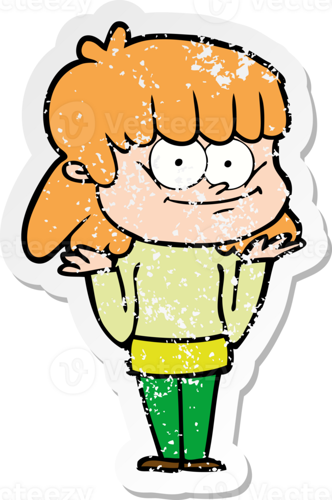 distressed sticker of a cartoon smiling woman png