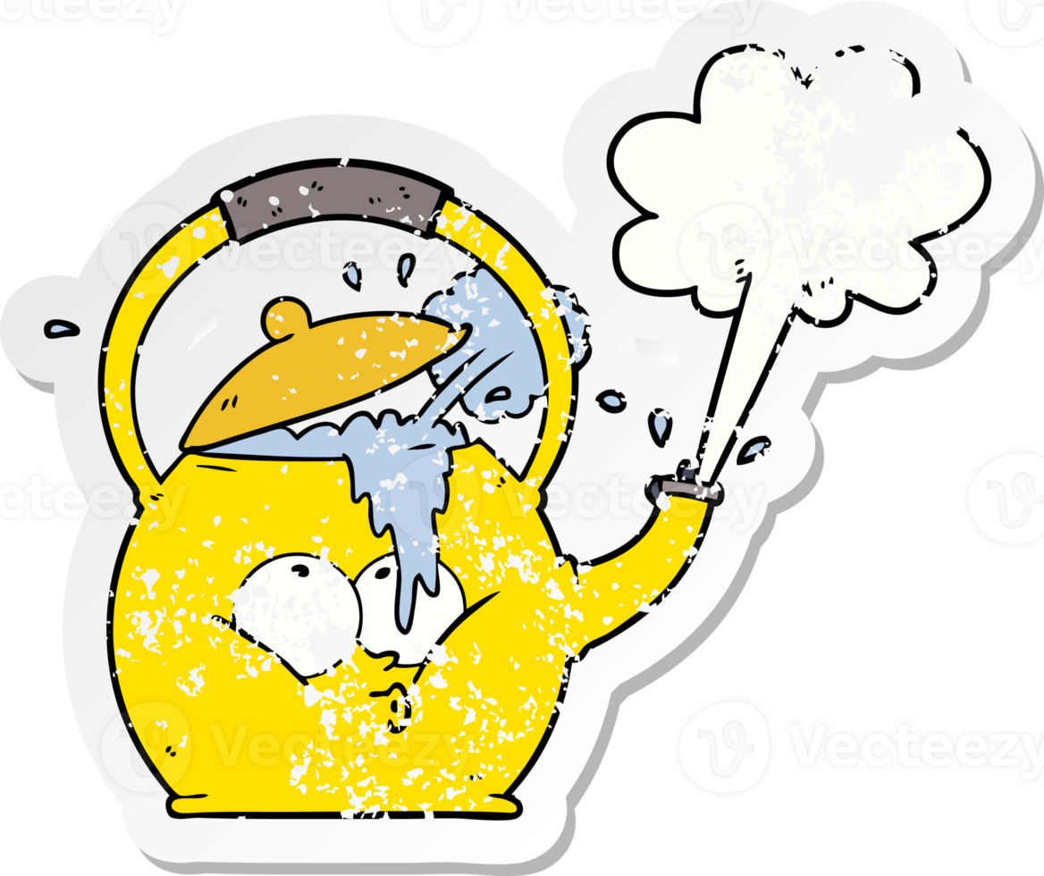 distressed sticker of a cartoon boiling kettle png