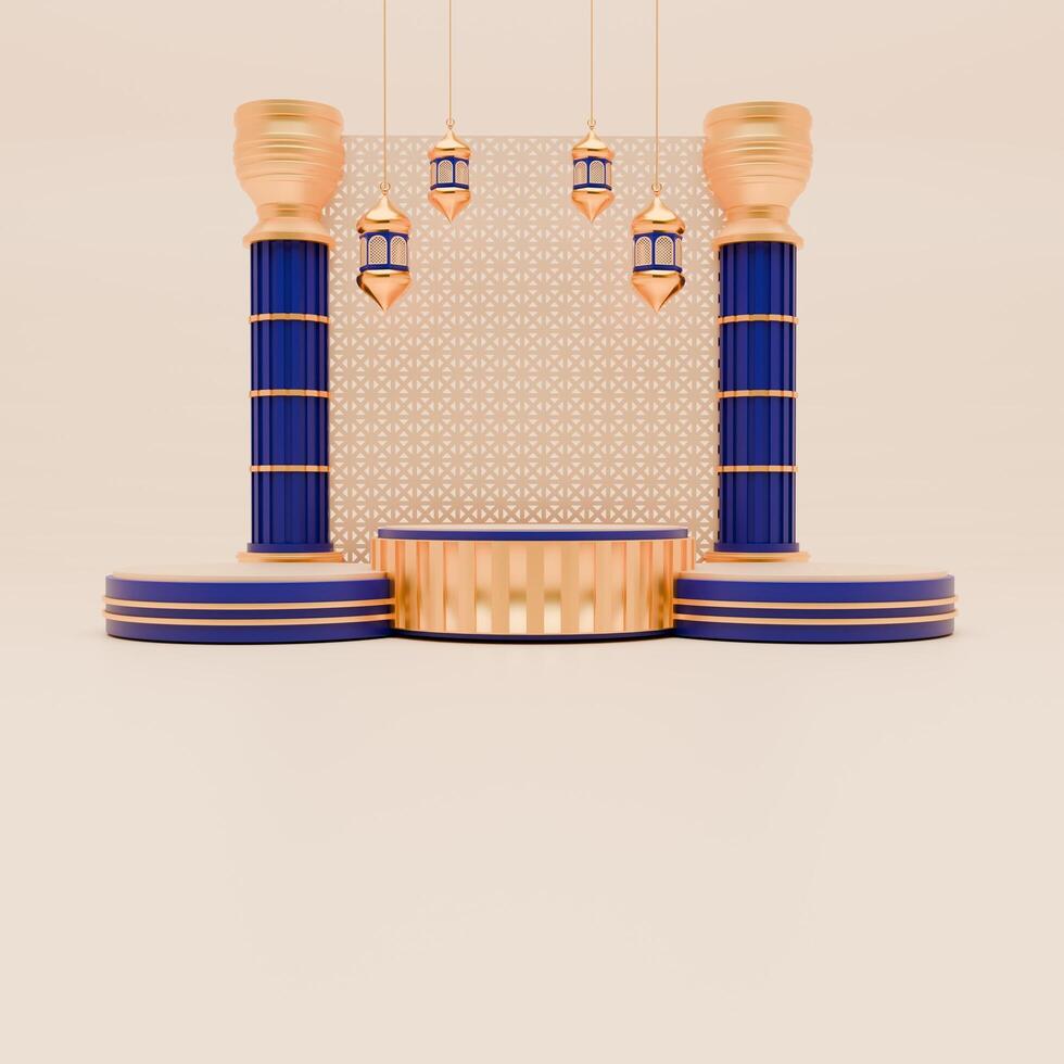 3D Render Ramadan Podium Background with lantern, pillar, and islamic ornaments for social media post photo