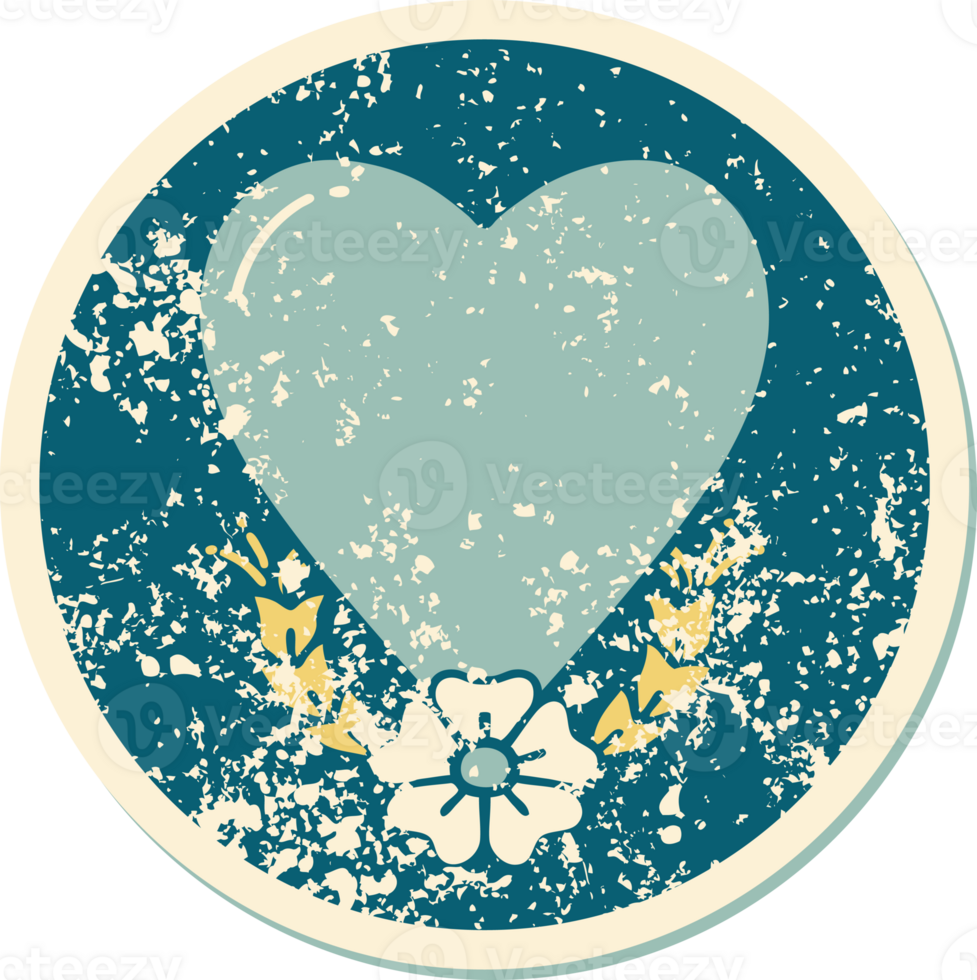 iconic distressed sticker tattoo style image of a heart and flower png