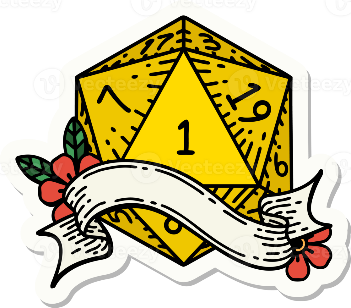 sticker of a natural one d20 dice roll png