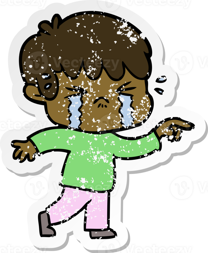 distressed sticker of a cartoon boy crying png