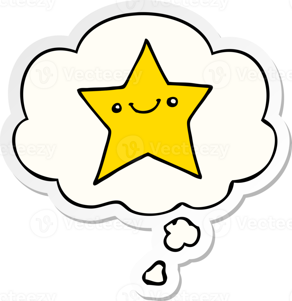 happy cartoon star with thought bubble as a printed sticker png