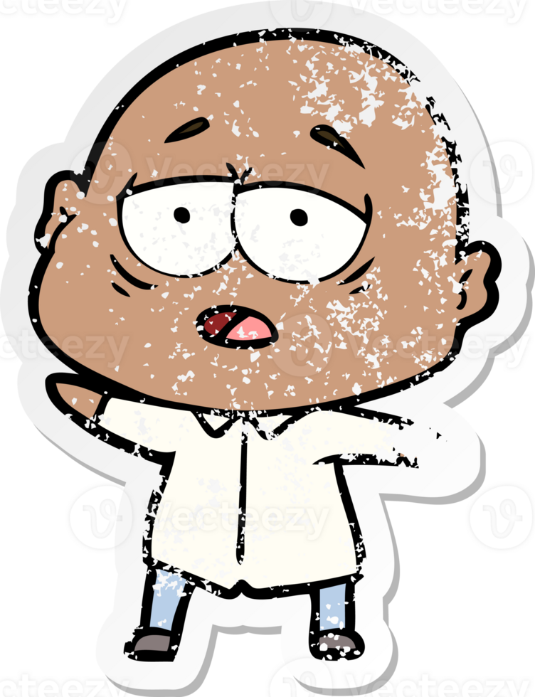 distressed sticker of a cartoon tired bald man png