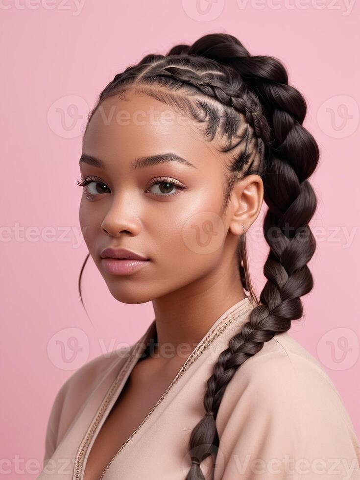 AI generated Black woman, with intricate braided hair and a light-colored top photo