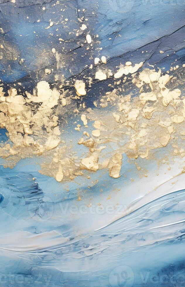 AI generated An abstract painting with blue and gold hues, resembling a mix of water and minerals photo