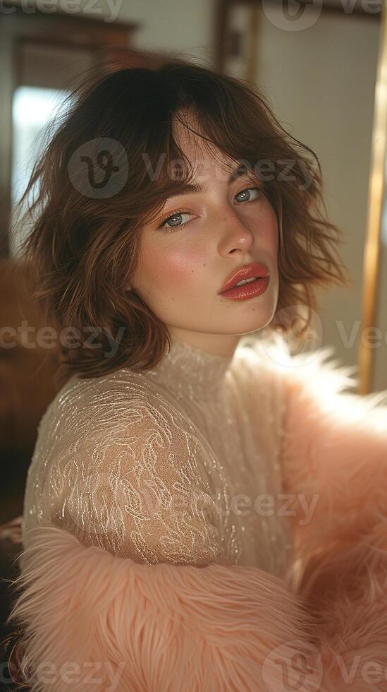 AI generated Stylish woman with textured white top and a luxurious pink fluffy coat, minimalist design, finely-chiseled photo