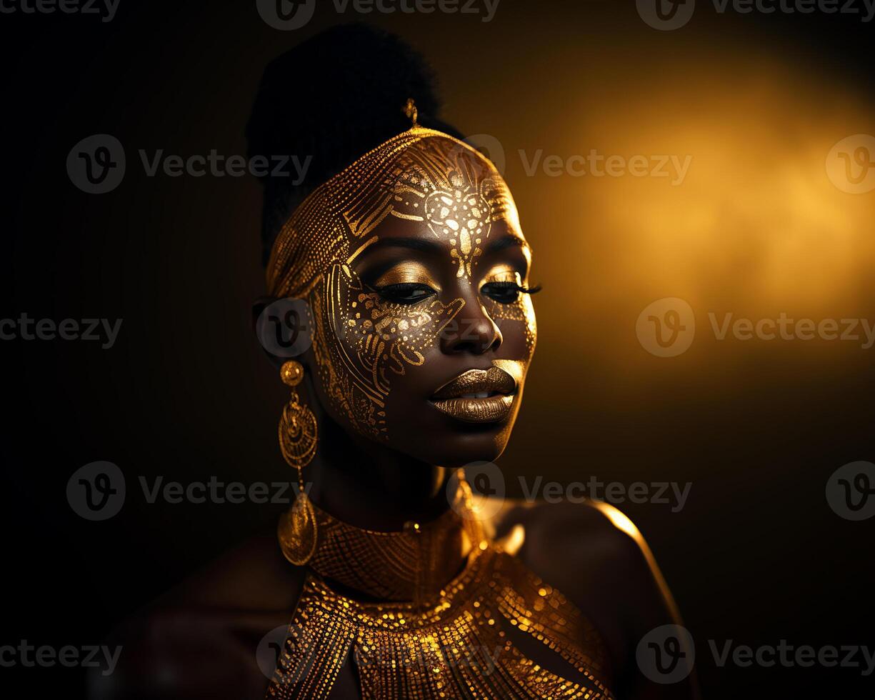 AI generated A black woman adorned in intricate golden jewelry, against a dark background illuminated by soft lighting, emphasizing the luxurious appearance of the jewelry photo