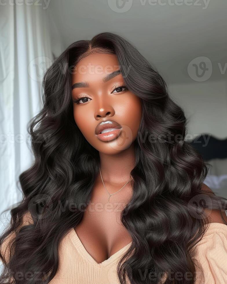 AI generated Black Girl, Light dark color skin, wavy hair and a light-colored top, naturalmake up photo