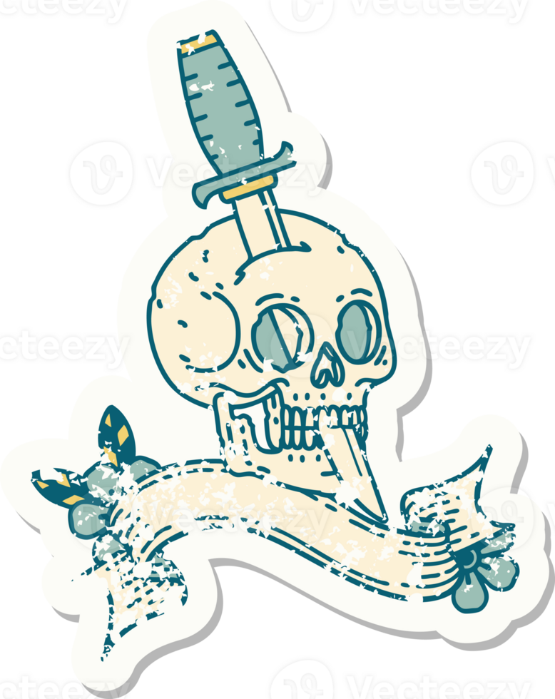 worn old sticker with banner of a skull png