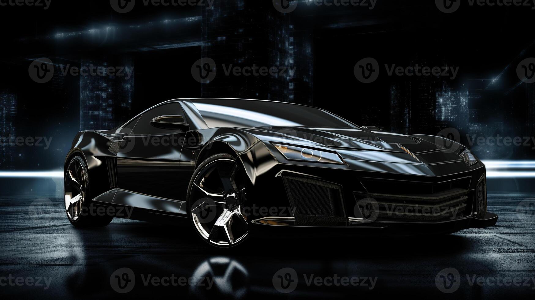 AI generated A brandless black sports car in a dark, industrial setting under dramatic lighting, High speed black sports car photo