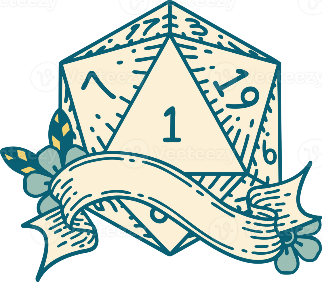 Retro Tattoo Style natural one d20 dice roll png