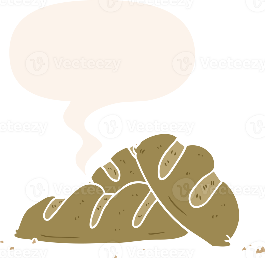 cartoon loaves of freshly baked bread with speech bubble in retro style