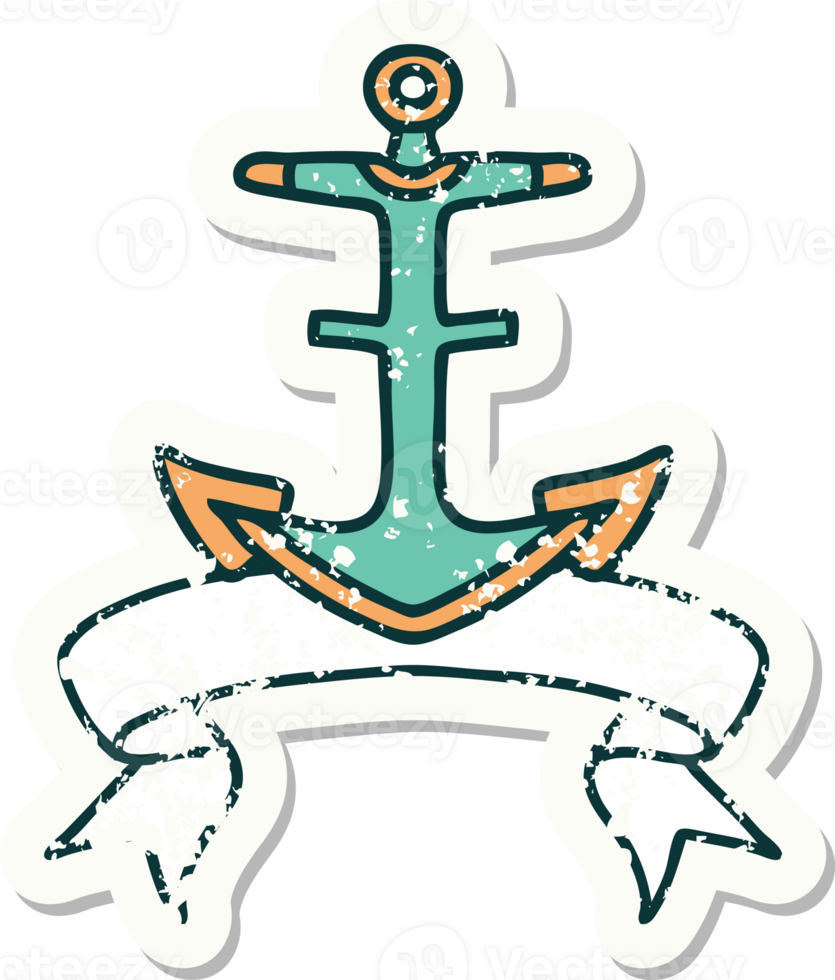 worn old sticker with banner of an anchor png