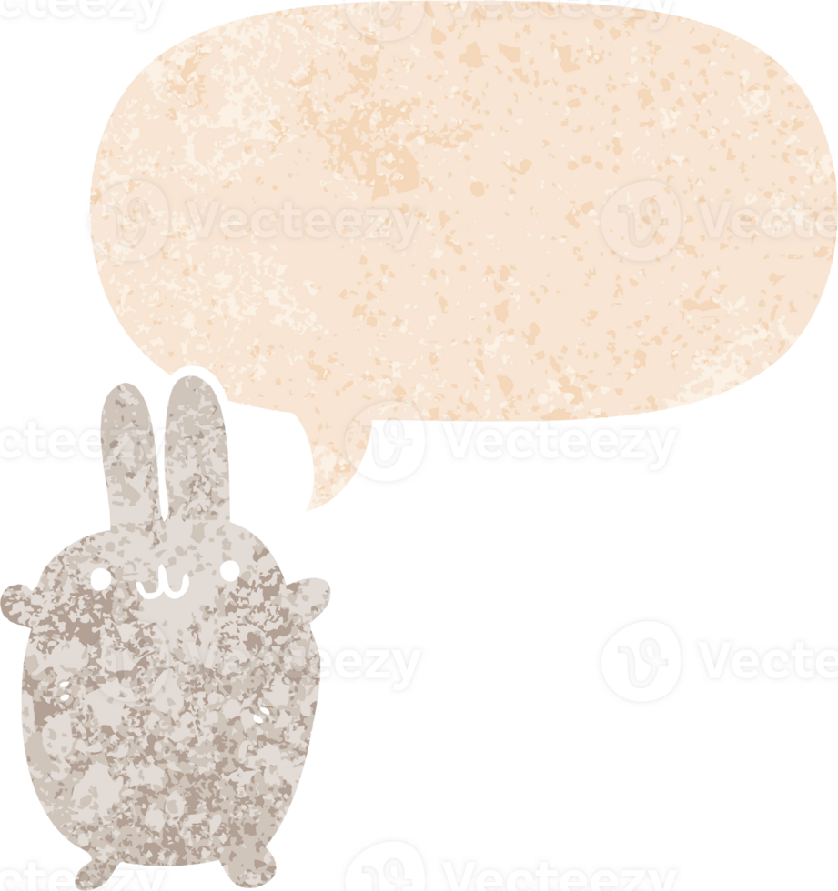 cartoon rabbit with speech bubble in grunge distressed retro textured style png