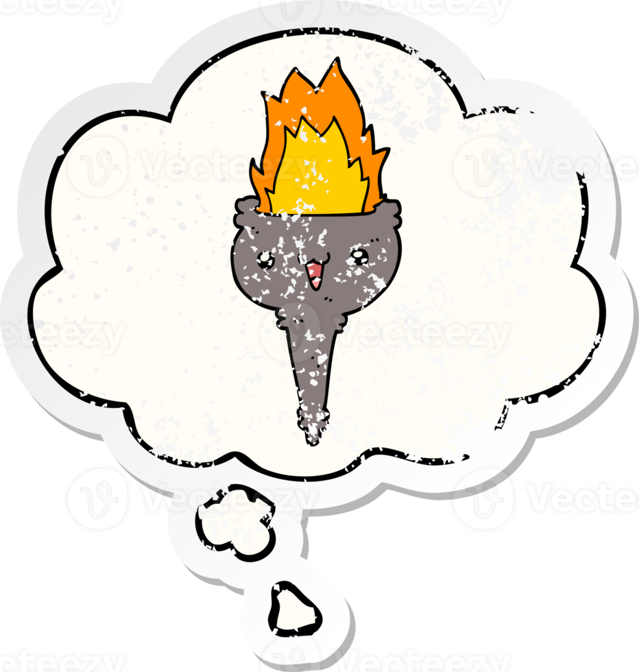 cartoon flaming chalice with thought bubble as a distressed worn sticker png