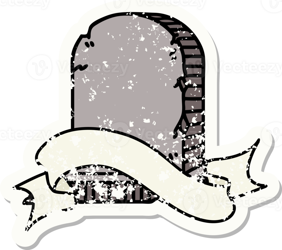 worn old sticker with banner of a grave stone png