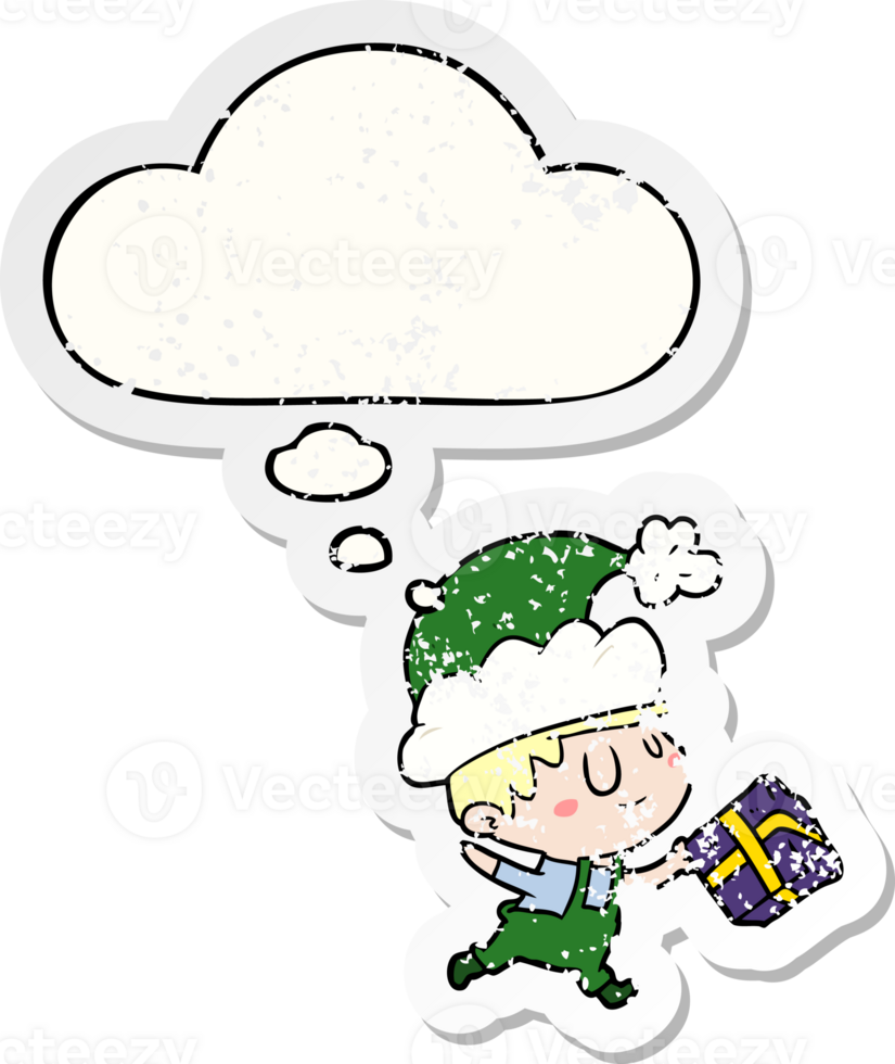 cartoon happy christmas elf with thought bubble as a distressed worn sticker png