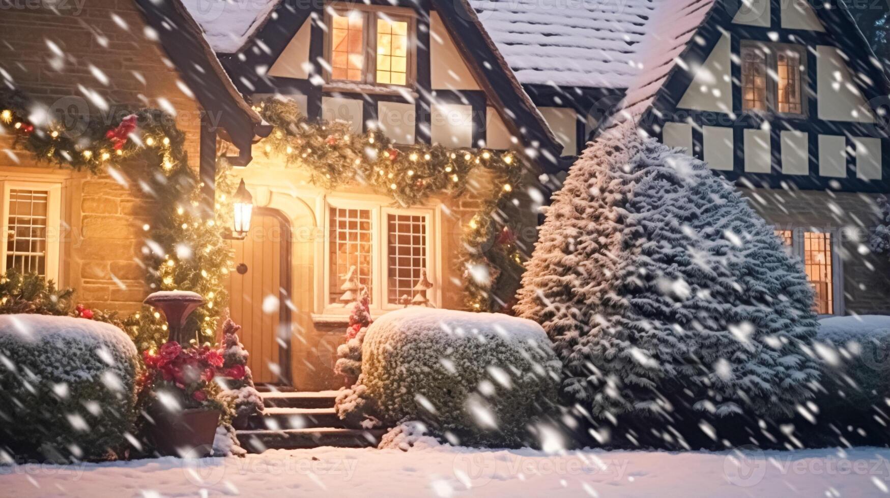 ai generado Navidad en el campo señorío, Inglés país casa mansión decorado para Días festivos en un Nevado invierno noche con nieve y fiesta luces, alegre Navidad y contento Días festivos foto