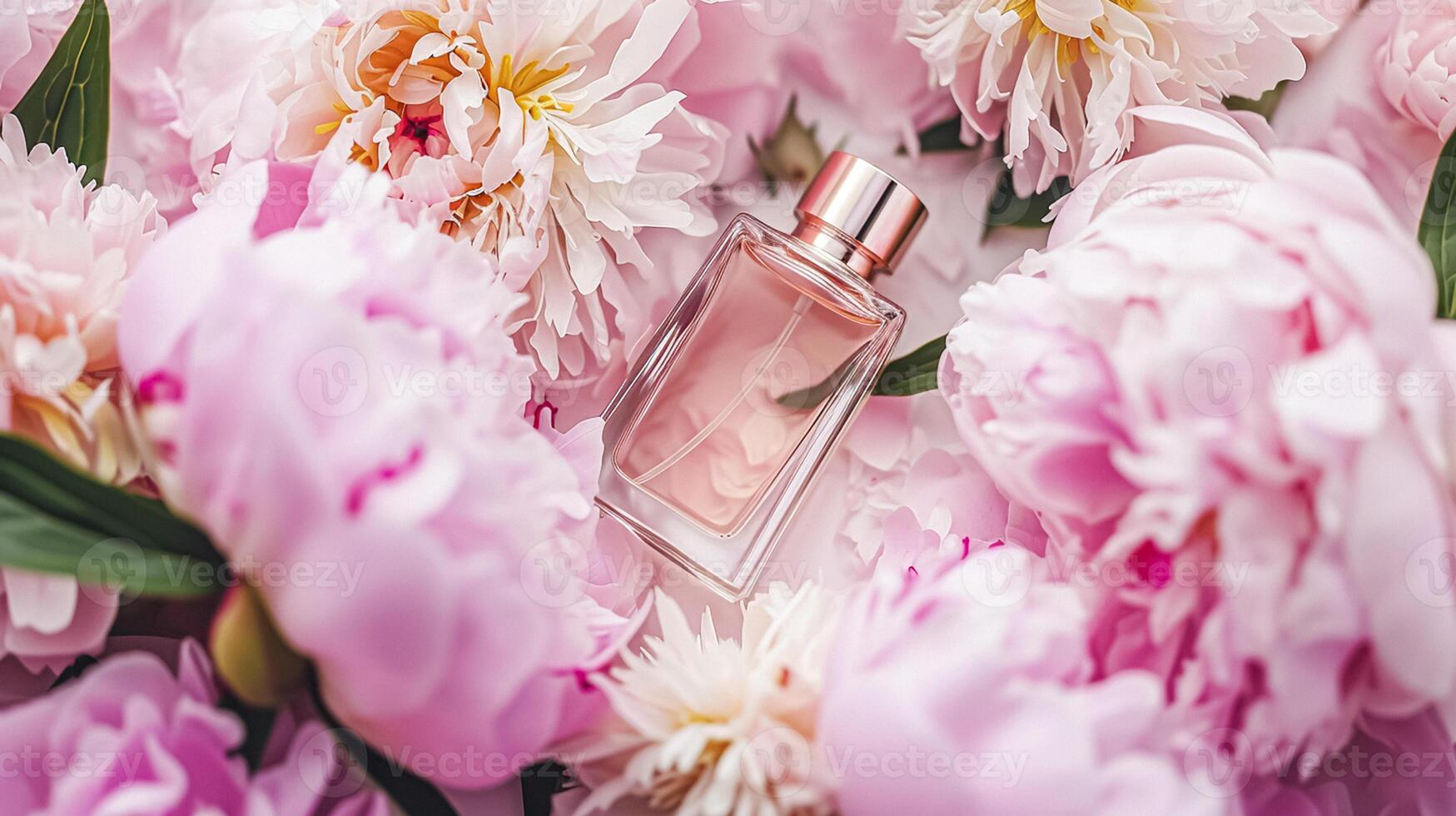 AI generated Perfume bottle in flowers, fragrance on blooming background, floral scent and cosmetic product photo