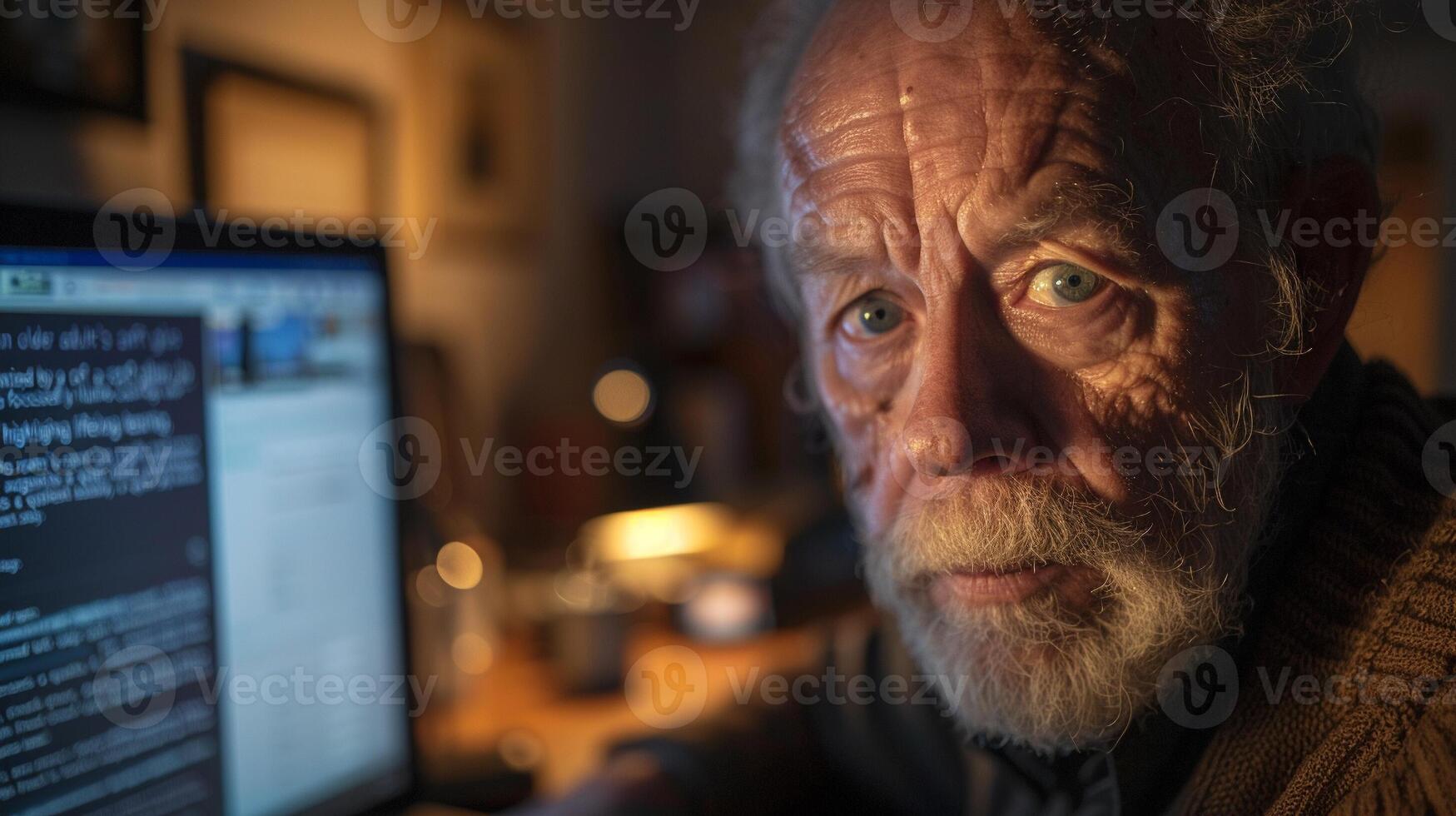 AI generated Elderly Man Working Late on Computer photo