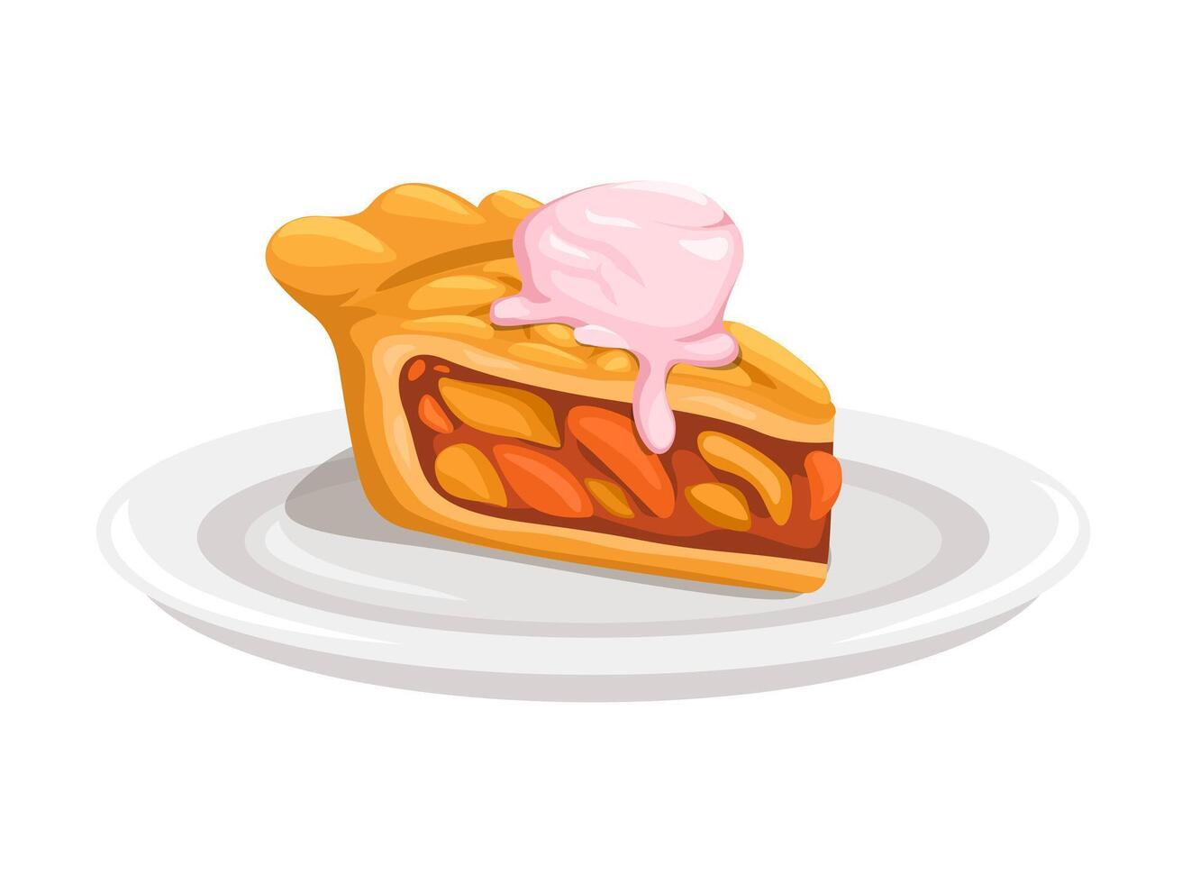 Slice Of Pie Cake With Ice Cream Topping On Plate Illustration Vector