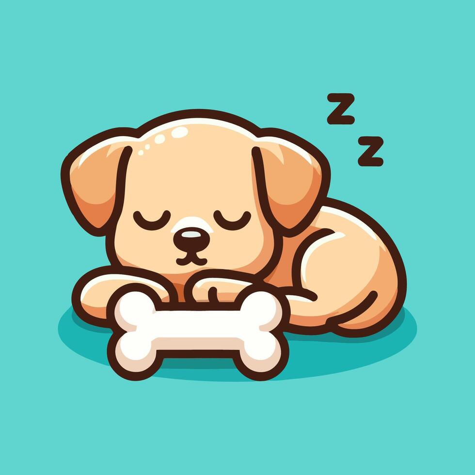 Flat logo of cute dog sleeping with bone, cartoon vector icon illustration, animal nature icon concept isolated premium vector