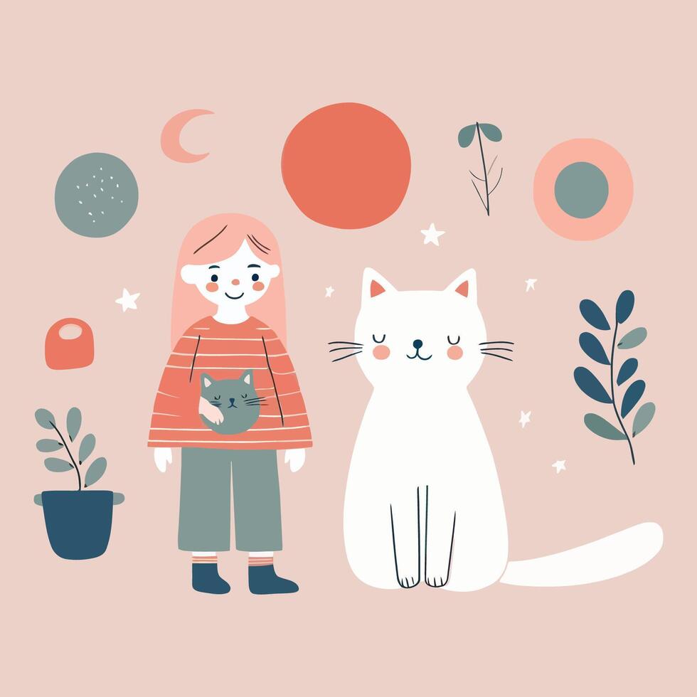 a girl and a cat are standing next to plants and other objects vector
