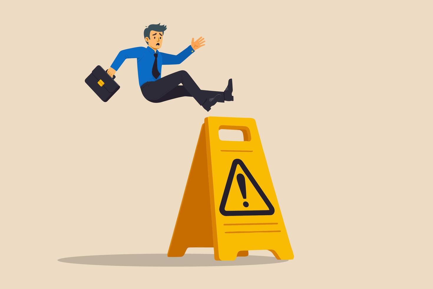 Mistake caution, business risk or problem warning, failure prevention or avoid danger concept, cautious businessman slip falling on exclamation symbol beware, careful caution sign vector