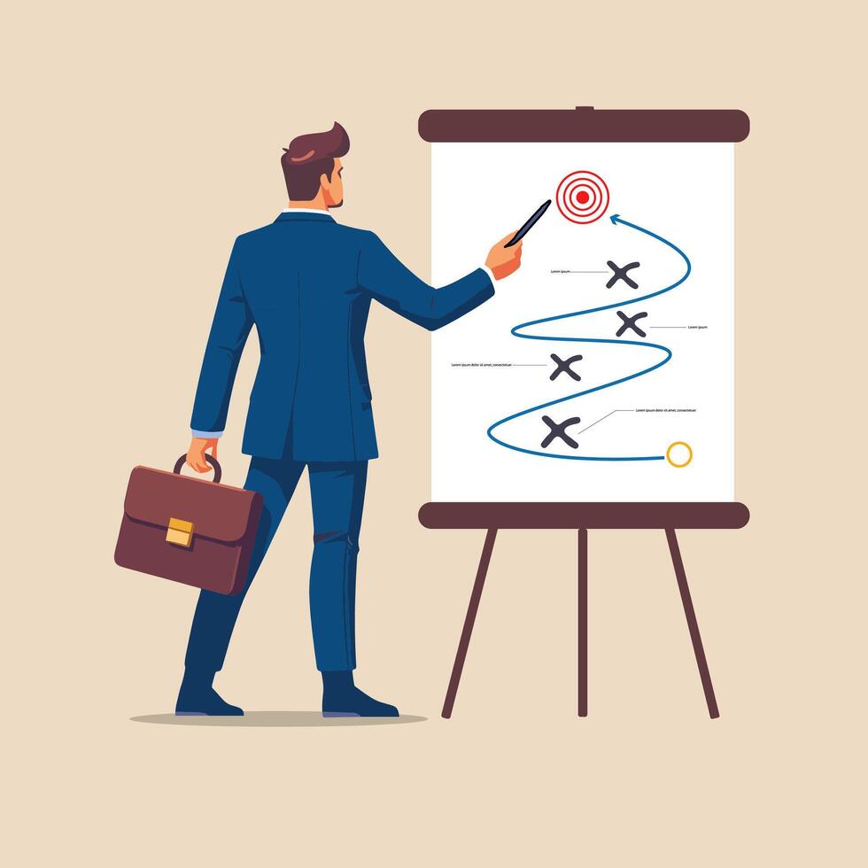 Business strategy planning, marketing tactic or winning strategy to achieve target, project blocker and solution to be success concept, smart businessman presenting business strategy on whiteboard vector