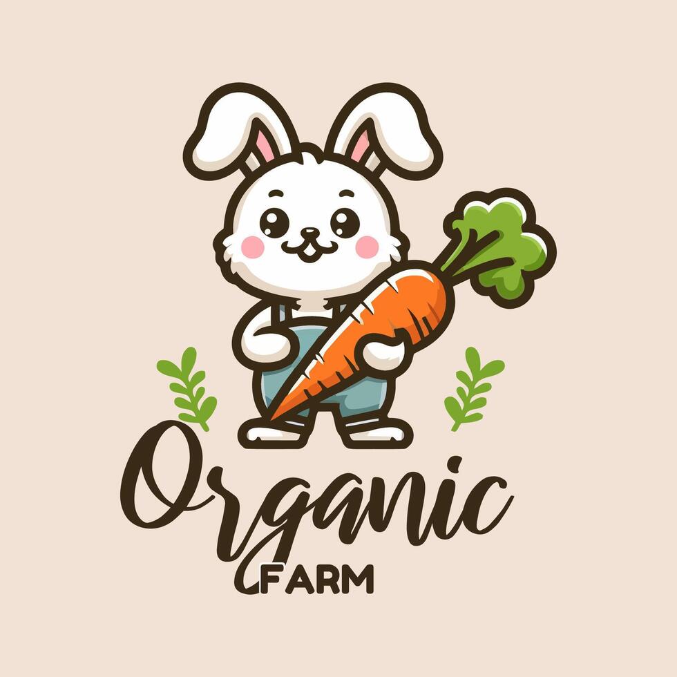 logo A cheerful cartoon rabbit holding a carrot with the text Organic Farm using a handwritten font vector